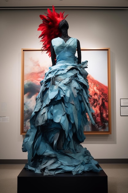 Vor einem Gemälde steht ein blaues Kleid mit roten Haaren und einer roten Frisur.