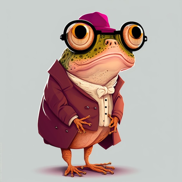 Vor einem grauen Hintergrund steht ein Frosch in Anzug, Krawatte und Brille.