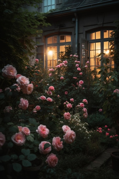 Vor einem Haus mit generativer KI steht ein Strauch rosa Rosen