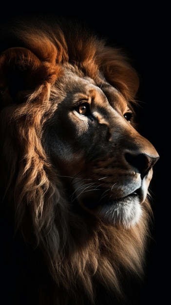 Vor einem schwarzen Hintergrund ist ein Löwenkopf dargestellt.