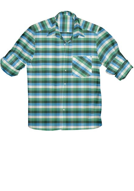 Vor einem weißen Hintergrund ist ein blau-grün kariertes Hemd mit weißer Tasche zu sehen.