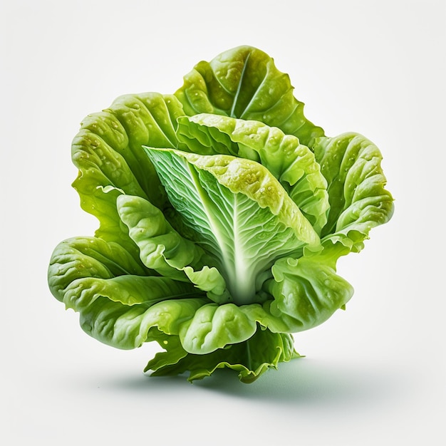 Vor einem weißen Hintergrund ist ein grünes Salatblatt zu sehen.