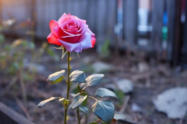 Foto vor einem zaun wächst eine rosa rose