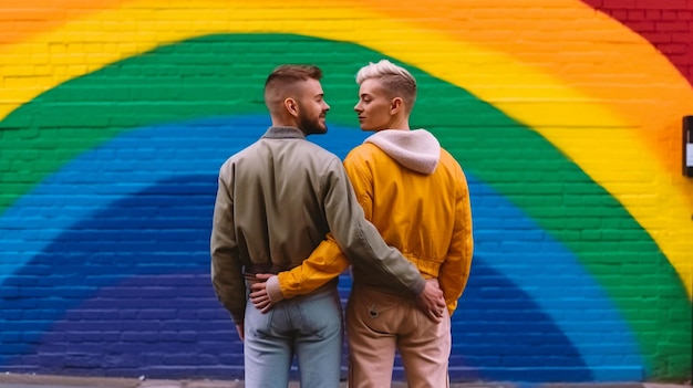Vor einer regenbogenfarbenen Wand steht ein schwules Paar mithilfe generativer KI zusammen
