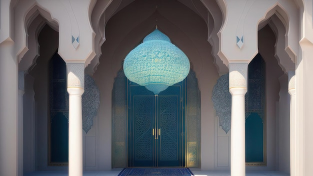 Vor einer Tür hängt eine blaue Lampe, auf der das Wort steht.