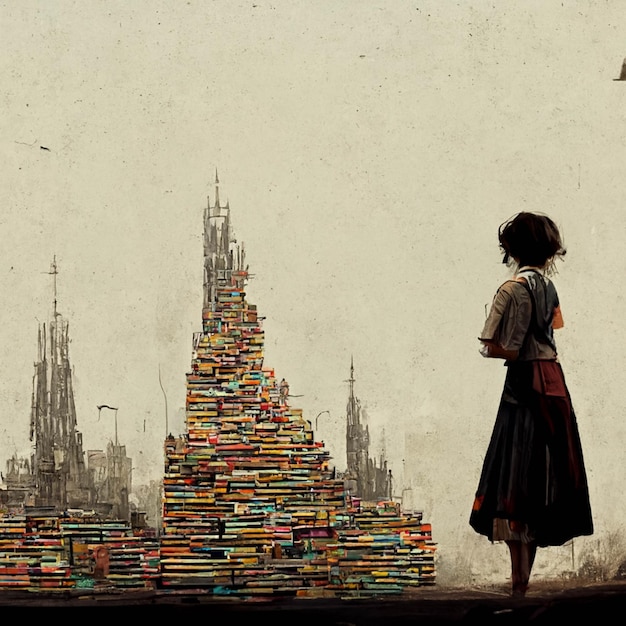 Vor einer Wand steht eine Frau mit generativen Büchern