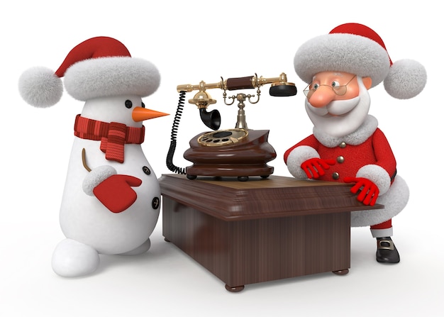 Foto vor neujahr warten weihnachtsmann und schneemann auf einen anruf von kindern, die ein geschenk bestellen möchten