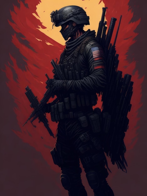 Vor rotem Hintergrund steht ein Soldat mit rot-blauer Fahne auf der Brust.