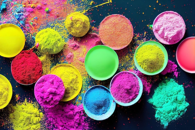 Vor schwarzem Hintergrund ist ein buntes Holi-Pulver zu sehen.