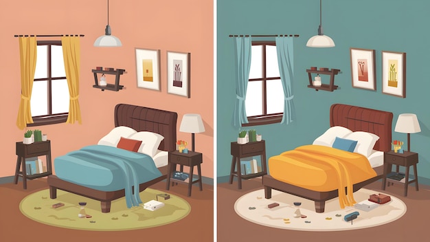 Vor und nach der Zimmerreinigung Vergleich sauber und unordentlich Schlafzimmer Darstellung