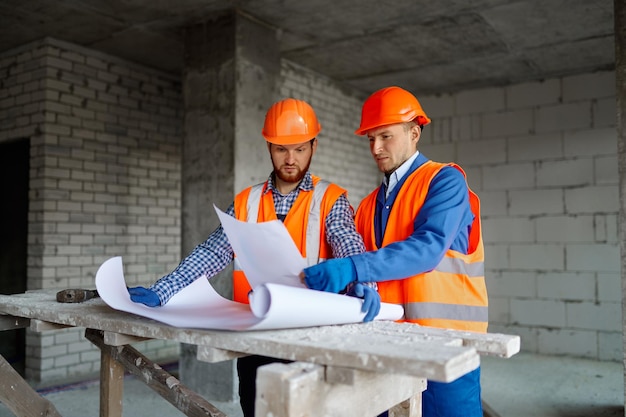 Vorarbeiter Baumeister und Bauarbeiter in Hardhead, einheitlicher Leseplan in Innenwohnung