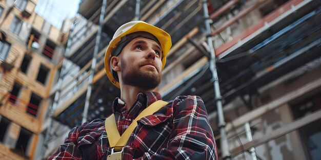 Vorarbeiter beaufsichtigt die Sicherheit der Arbeiter auf dem Gerüst auf der Baustelle während der Inspektion der Gerüste Konzept Bausicherheit Gerüst Inspektion Arbeiter Überwachung Vorarbeiterrolle Gerüst Sicherheit