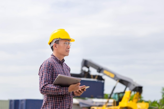 Vorarbeiter-Dockarbeiter in Hardhat und Sicherheitsweste, der die Containerbox von der Fracht überprüft Ingenieurmann mit Laptop, der den Container überprüft und inspiziert