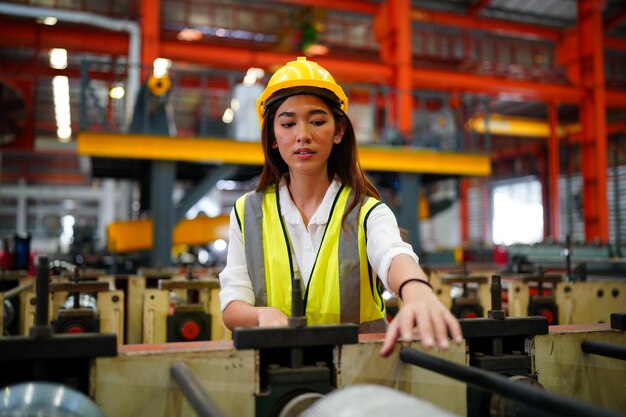 Vorarbeiter oder Arbeiter arbeiten am Fabrikstandort und überprüfen Maschinen oder Produkte vor Ort. Ingenieur oder Techniker überprüfen Material oder Maschine in der Industrie- und Fabrikanlage