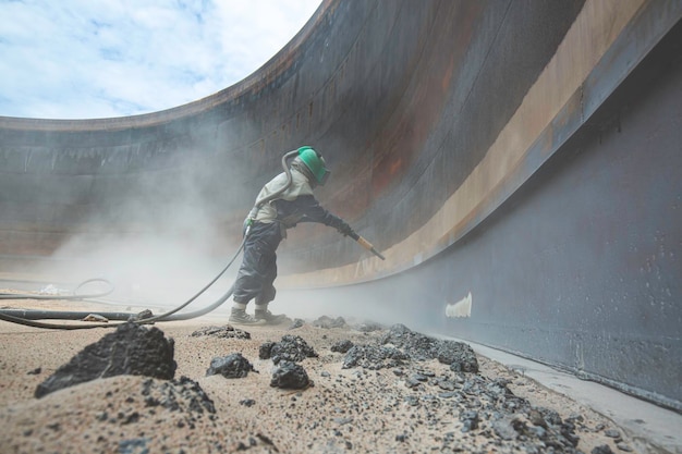 Vorbereitung der Oberflächenkorrosionsplatte für weibliche Arbeiter durch Sandstrahlen des Tankinnenöls