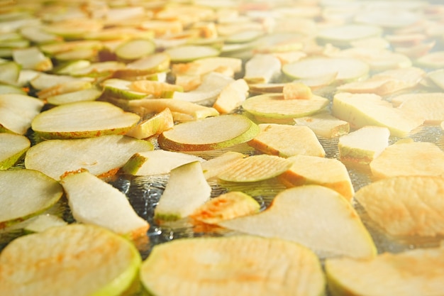 Vorbereitungen für den Winter aus verschiedenen Früchten Verschiedene Apfel- und Birnenchips gesunder veganer Snack