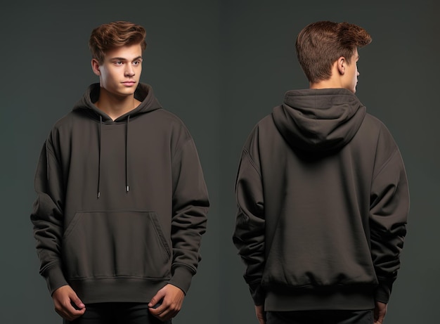 Vorder- und Rückansicht eines grauen Hoodie-Modells für den Designdruck