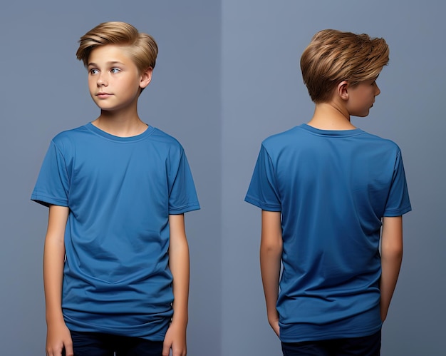 Vorder- und Rückansicht eines kleinen Jungen, der ein blaues T-Shirt trägt