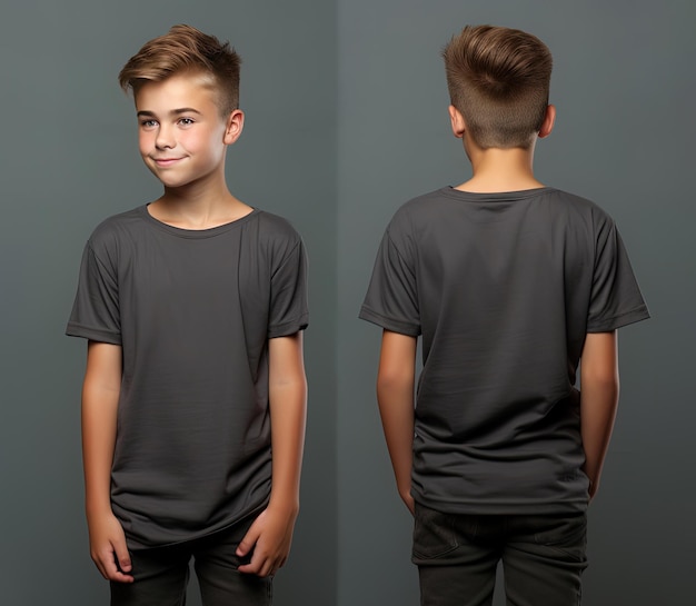 Vorder- und Rückansicht eines kleinen Jungen, der ein graues T-Shirt trägt