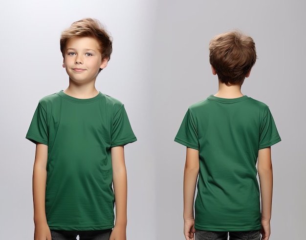 Vorder- und Rückansicht eines kleinen Jungen, der ein grünes T-Shirt trägt