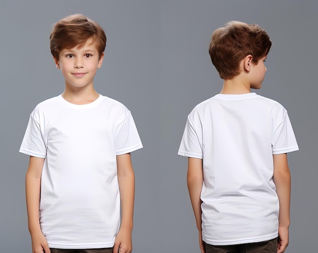 Vorder- und Rückansicht eines kleinen Jungen, der ein weißes T-Shirt trägt