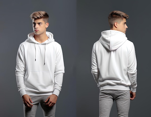 Vorder- und Rückansicht eines weißen Hoodie-Modells für den Designdruck