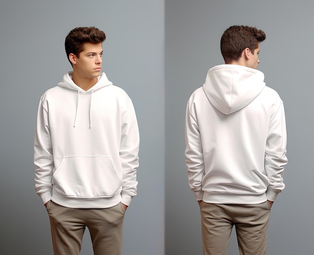 Vorder- und Rückansicht eines weißen Hoodie-Modells für den Designdruck