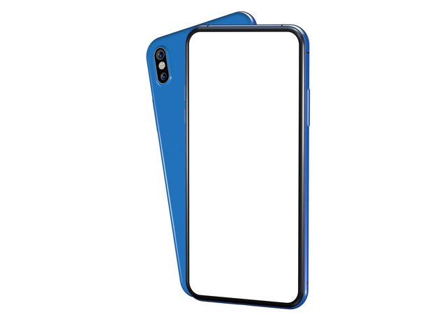 Foto vorder- und rückseite eines blauen smartphones mit weißem bildschirm