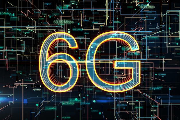 Vorderansicht auf 6G digital leuchtenden Symbolen auf abstraktem technologischem Hintergrund mit Geschwindigkeitsanzeigen 6G-Netzwerk drahtlose Internetverbindung und Kommunikationsnetzwerk-Konzept 3D-Rendering