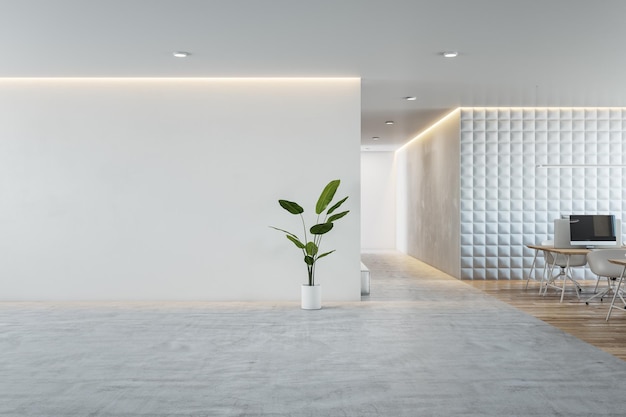 Vorderansicht auf Grünpflanze auf Betonboden auf leerer, weißer, hintergrundbeleuchteter Wand mit Platz für Ihren Werbeplakathintergrund in stilvollem, sonnendurchflutetem Büro 3D-Rendering-Mock-up