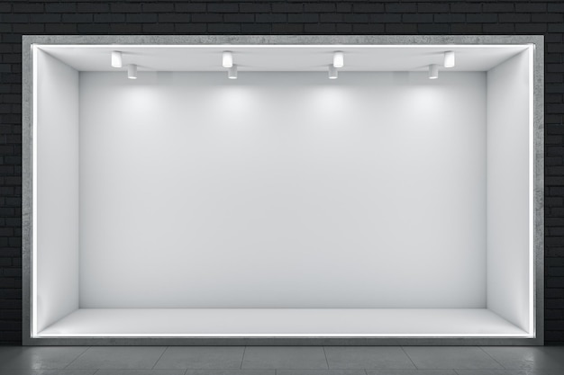 Vorderansicht auf leere weiße Nische mit Platz für Auto- oder Produktpräsentation und leuchtende Lampen oben auf abstraktem dunklem Backsteinmauerhintergrund und glänzendem Boden 3D-Rendering-Mockup