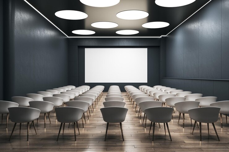 Foto vorderansicht auf leere weiße wandtafel mit platz für ihr logo oder text auf dunkler wand in leerem auditorium mit weißen sitzen 3d-rendering-attrappe