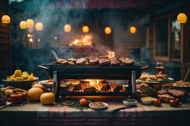 Vorderansicht, Barbecue und Essen zum Abendessen