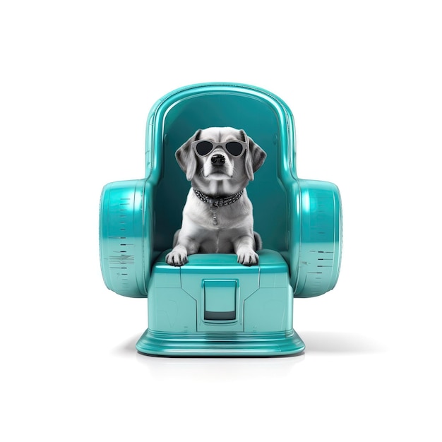 Vorderansicht: Blaugrüner, moderner Sessel aus der Mitte des Jahrhunderts mit einem Hund auf weißem Hintergrund. Generative KI