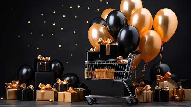 Vorderansicht des Black-Friday-Sale-Hintergrunds mit Ballonornamenten, Geschenkboxen und Einkaufswagen