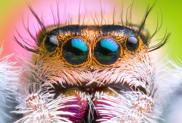 Foto vorderansicht des extrem vergrößerten springenden spinnenkopfes und -augen