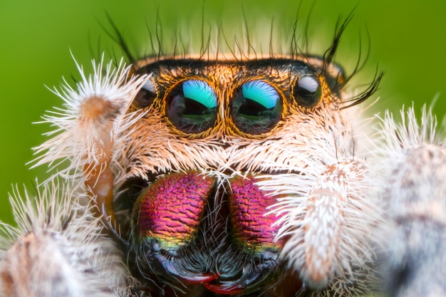 Vorderansicht des extremen vergrößerten springenden Spinnenkopfes und der Augen mit grünem Blatthintergrund