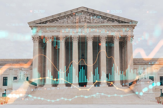 Vorderansicht des ikonischen Gebäudes des United States Supreme Court zur Tageszeit Washington DC USA Judicial Branch Forex Candlestick Graph Hologramm Konzept der Internet-Trading-Brokerage-Analyse