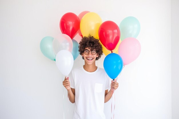 Vorderansicht des jungen Mannes mit bunten Luftballons auf weißer Wand