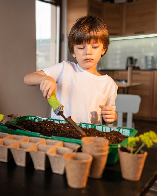 Foto vorderansicht des kleinen jungen, der ernten zu hause pflanzt