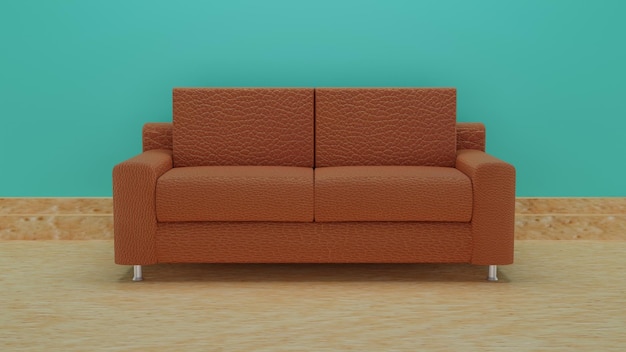 Vorderansicht des modernen braunen Sofas des Wohnzimmers mit sauberem Hintergrund in der 3D-Darstellung des Holzbodens