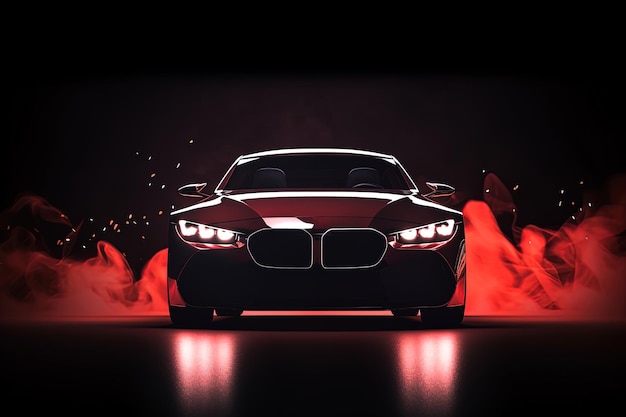 Vorderansicht, dunkle Silhouette eines modernen roten Sportwagens, isoliert auf dunklem Hintergrund mit rotem Neonlicht