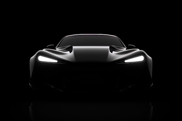 Vorderansicht dunkle Silhouette eines modernen schwarzen Sportwagens isoliert auf schwarzem Hintergrund