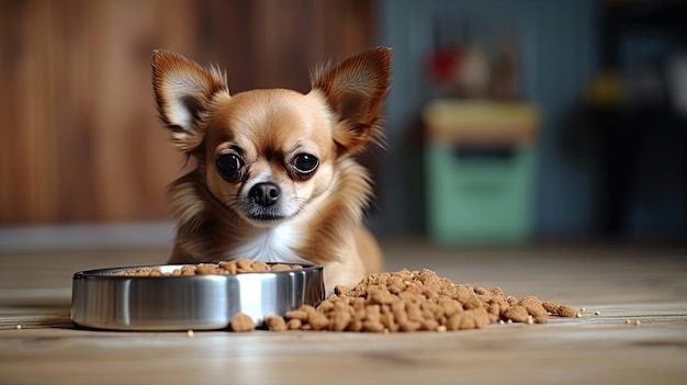 Foto vorderansicht eines braunen chihuahua-hundes, der sich neben den napf mit hundefutter legt und ihn ignoriert. traurige oder kranke chihuahua-hunde langweilen sich wegen der gesundheit und dem verhalten ihres haustiers