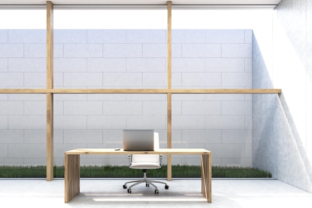 Vorderansicht eines CEO-Büros mit großer Glas- und Holzwand. Durch die Öffnung im Dach ist der Himmel zu sehen. Schreibtisch mit Laptop und Stuhl. 3D-Rendering. Attrappe, Lehrmodell, Simulation.
