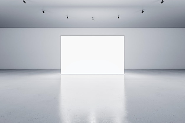 Vorderansicht eines leeren, weiß leuchtenden digitalen Bildschirms im grauen Halleninnenraum mit Betonboden und heller Wand. Präsentationskonzept-Attrappe, 3D-Rendering