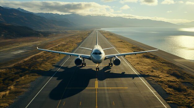 Vorderansicht eines modernen großen Zivilflugzeugs, das auf der Landebahn des Flugplatzes landete