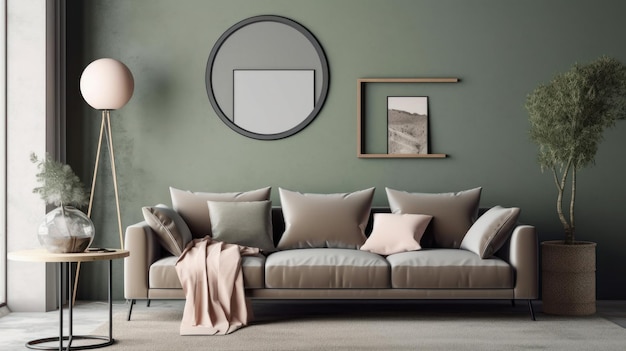 Vorderansicht eines modernen Luxus-Wohnzimmers in hellen Farben. Grüne Wand mit rundem Spiegel, bequemes Sofa mit Kissen und kariertem Couchtisch, grüne Pflanze im Topf, Heimdekoration, 3D-Rendering-Attrappe