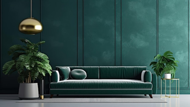 Vorderansicht eines modernen Luxuswohnzimmers in grünen Farben, dunkelgrünen leeren Wänden, bequemem Sofa mit