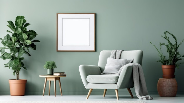 Vorderansicht eines modernen Luxuswohnzimmers in grünen Farben. Grüne Wand mit Poster-Attrappe, bequemer Sessel mit Kissen und kariertem Couchtisch. Vorlage für grüne Pflanzen in Blumentöpfen